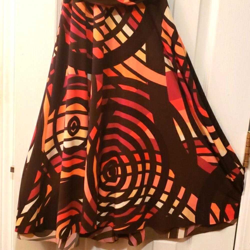 Brown dress with pinks and beige